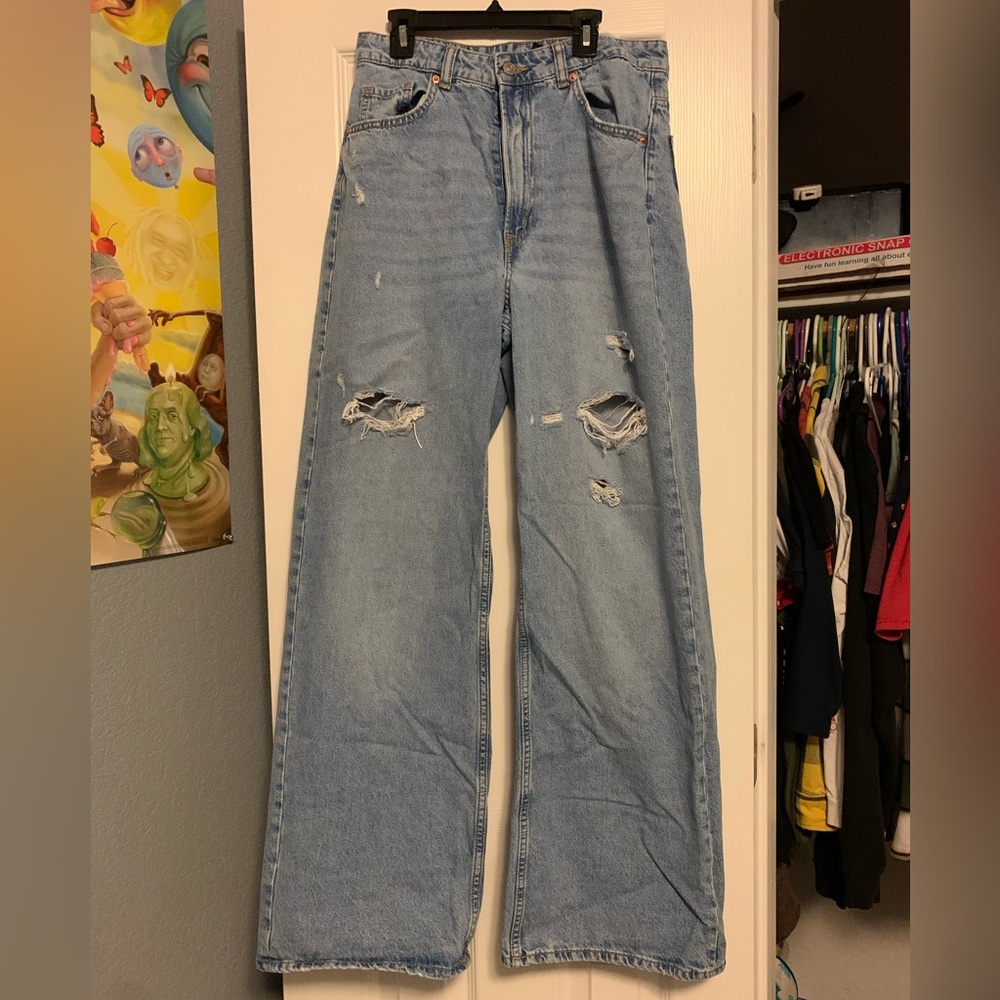 H&M High Rise Ripped Blue Denim Jeans